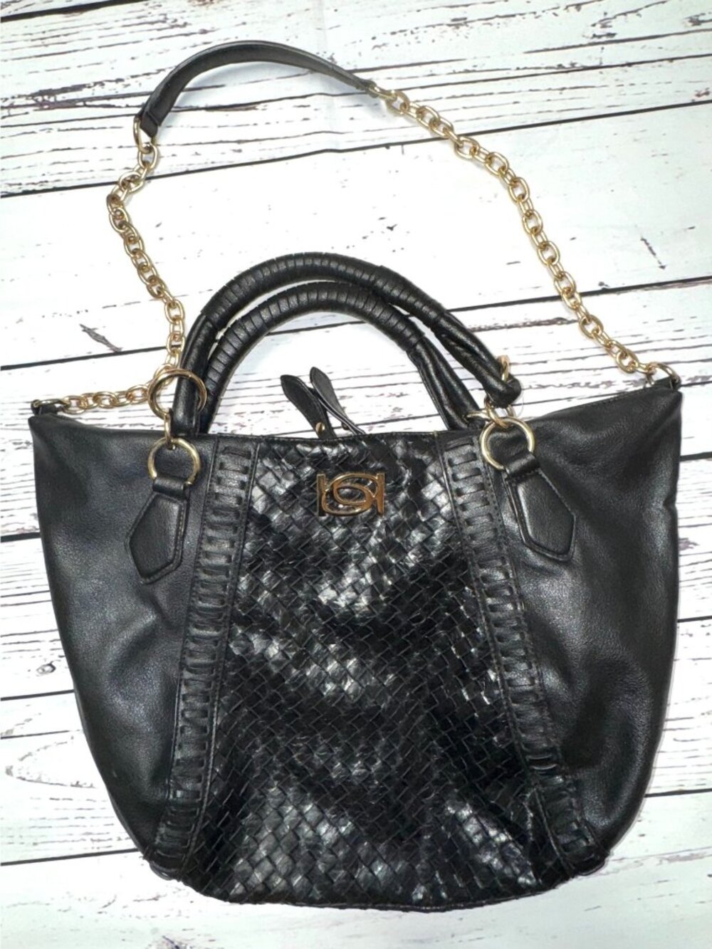 Bebe Black Woven Faux Leather Hobo Bag With Gold Chain Strap